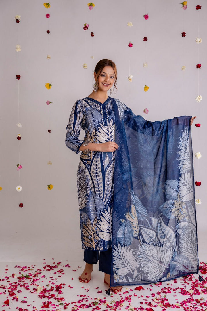 Floral Print 3/4 Sleeve Blue Color Pure Cotton Kurti