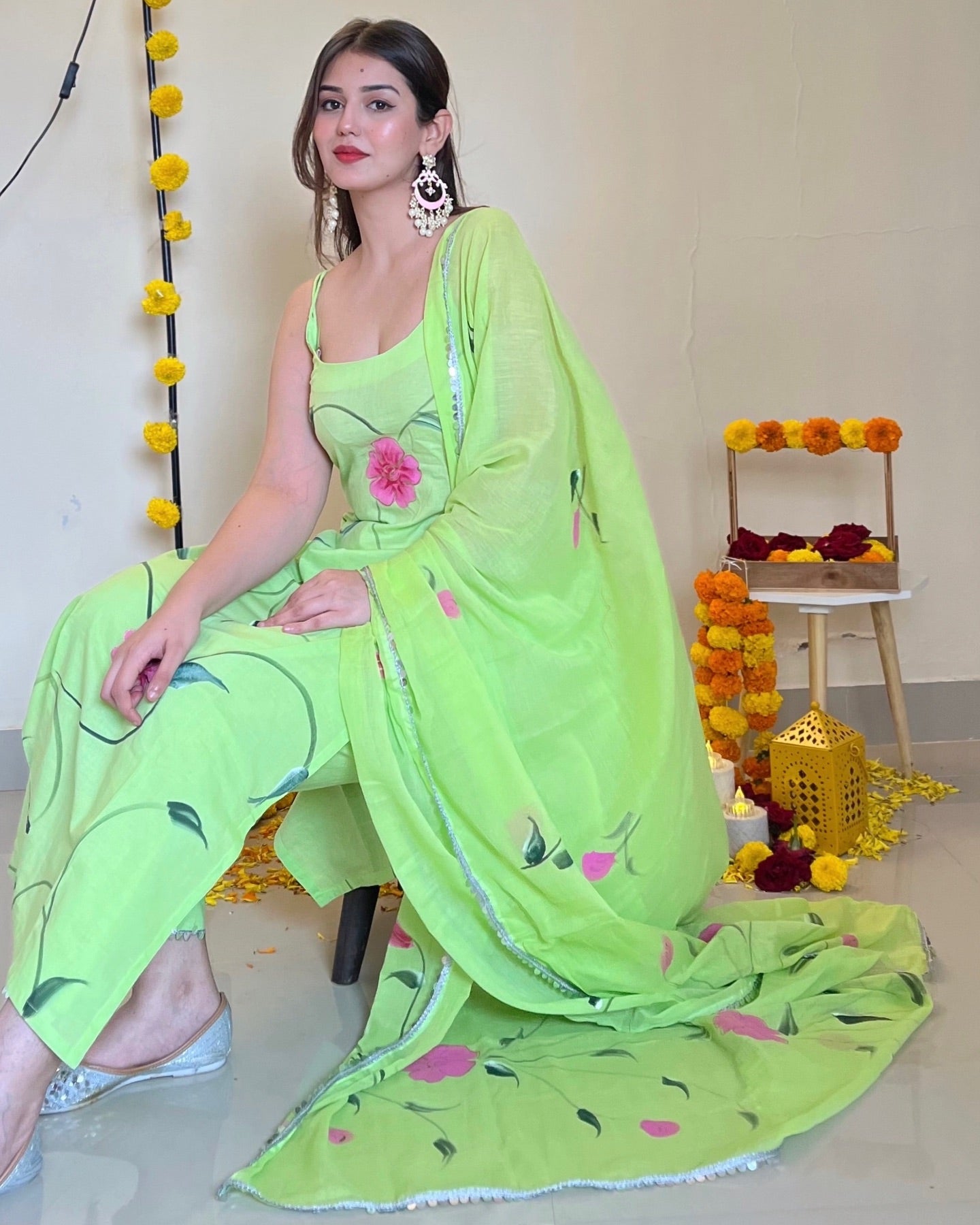 Floral Handpainted Parrot Green Suit Set | Sweetheart Neckline Elegance