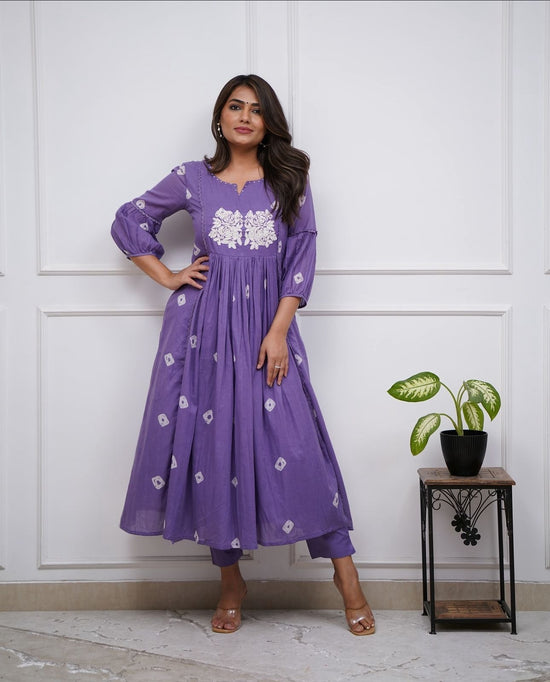 Womens  comfortable and look classy pure mul mul cotton pant set with work detailing Purple