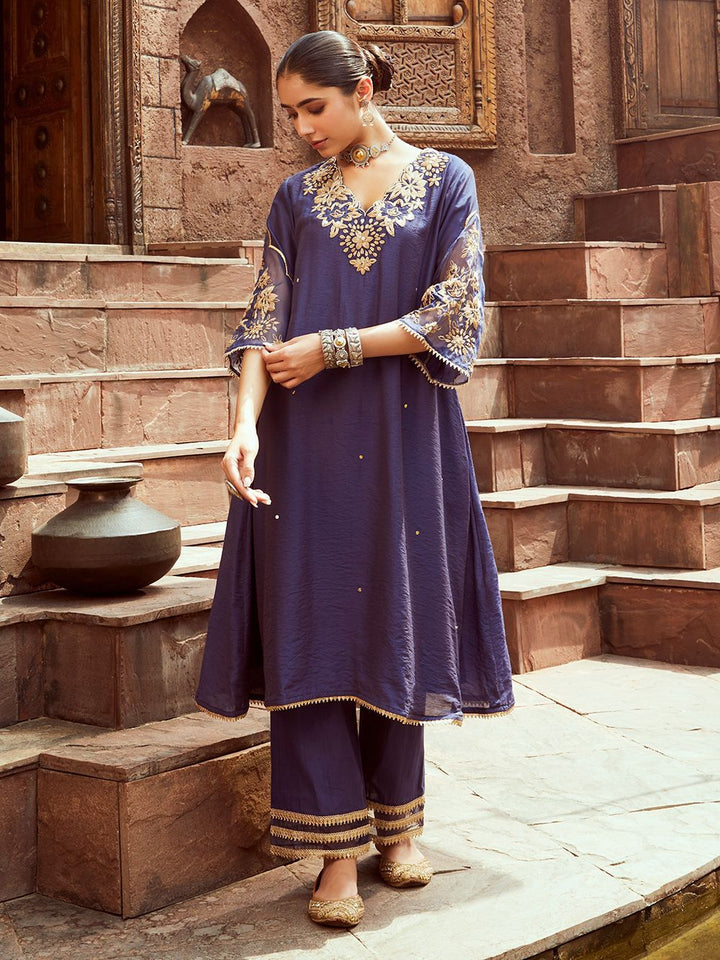 Blue Dori Embroidered Chanderi Kurta with Pants- Set of 2