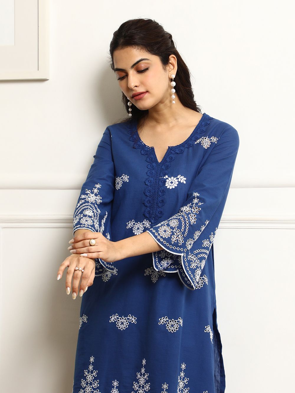 Blue Embroidered Cotton Kurta with Pants- Set of 2