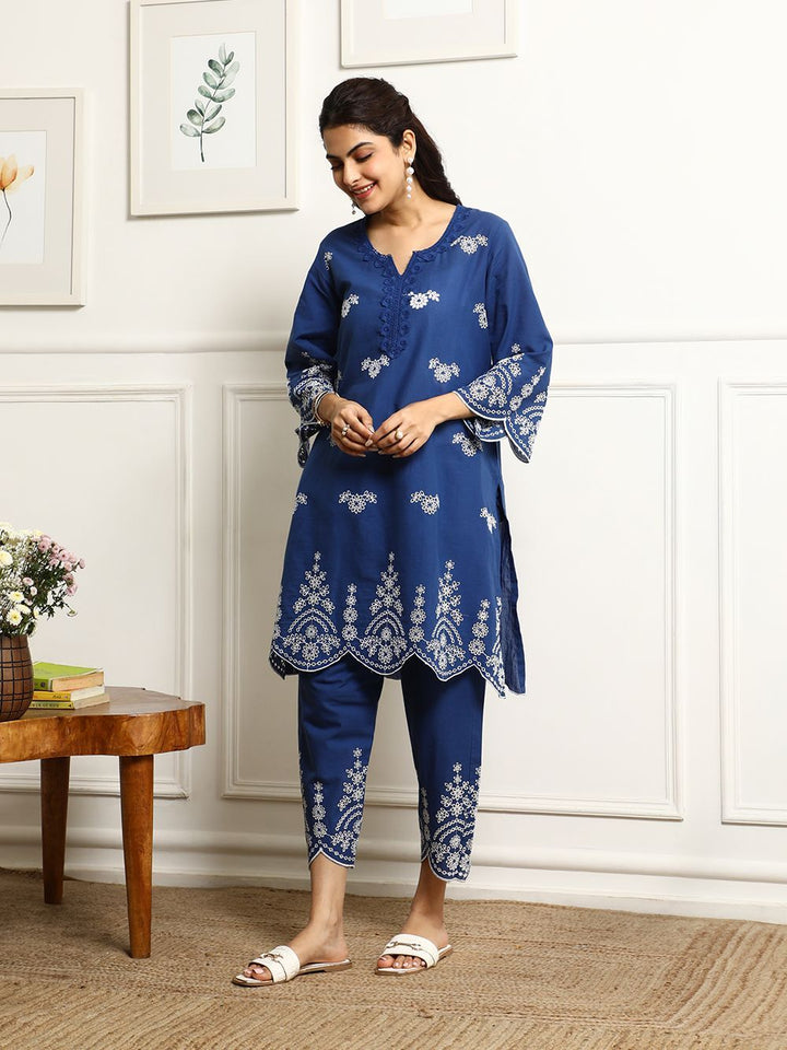 Blue Embroidered Cotton Kurta with Pants- Set of 2