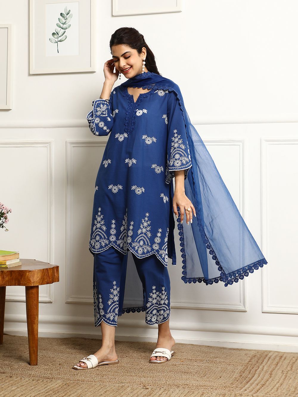 Blue Embroidered Cotton Kurta with Pants- Set of 2