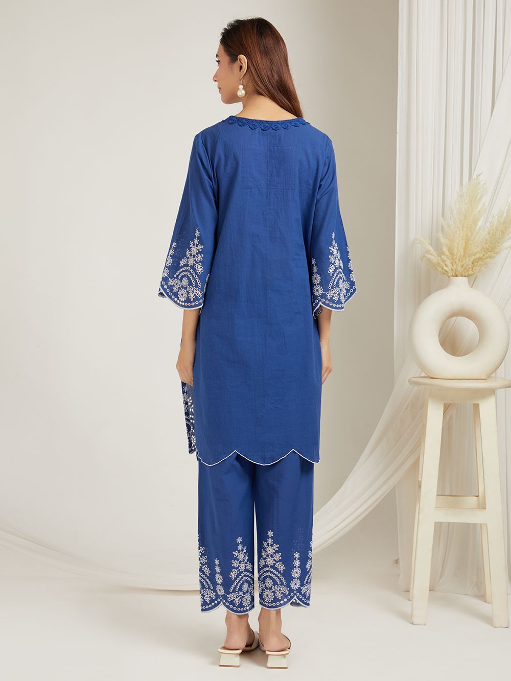 Blue Embroidered Cotton Kurta with Pants- Set of 2