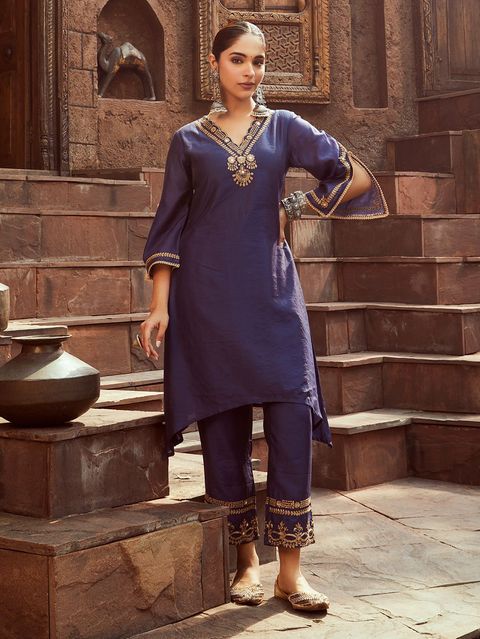 Blue Dori Embroidered Chanderi Kurta with Pants- Set of 2