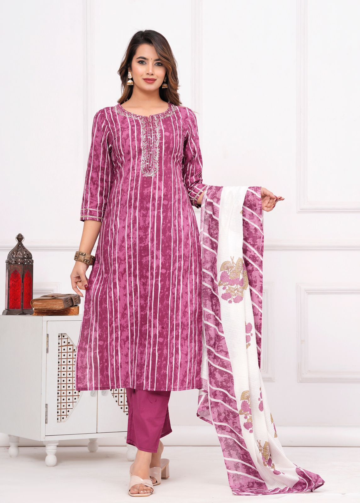 Floral Print 3/4 Sleeve Purple Color Pure Cotton Kurti