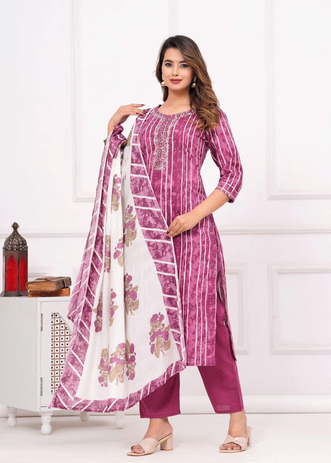 Floral Print 3/4 Sleeve Purple Color Pure Cotton Kurti