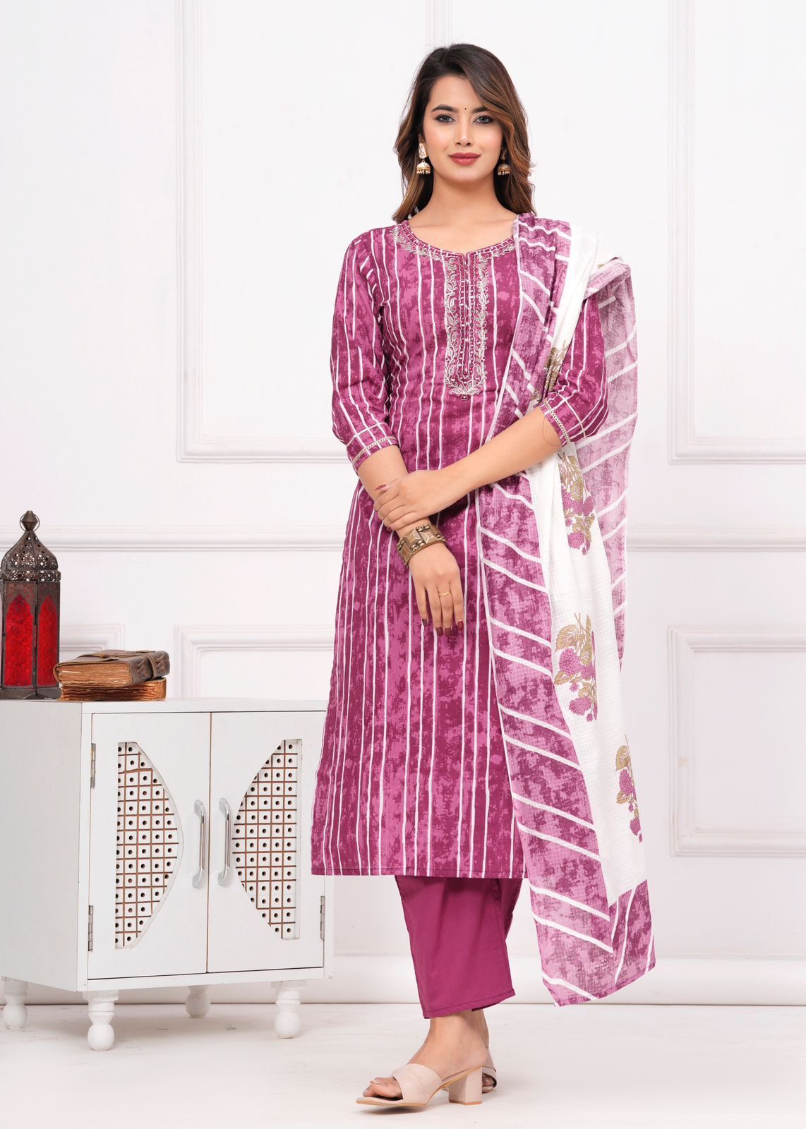 Floral Print 3/4 Sleeve Purple Color Pure Cotton Kurti