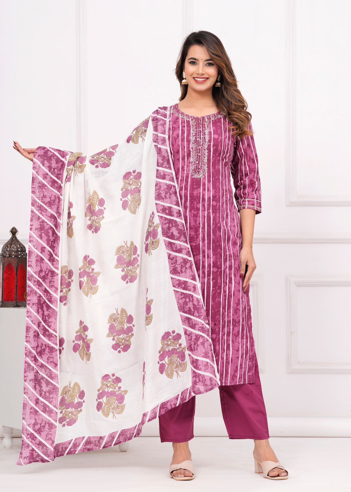 Floral Print 3/4 Sleeve Purple Color Pure Cotton Kurti