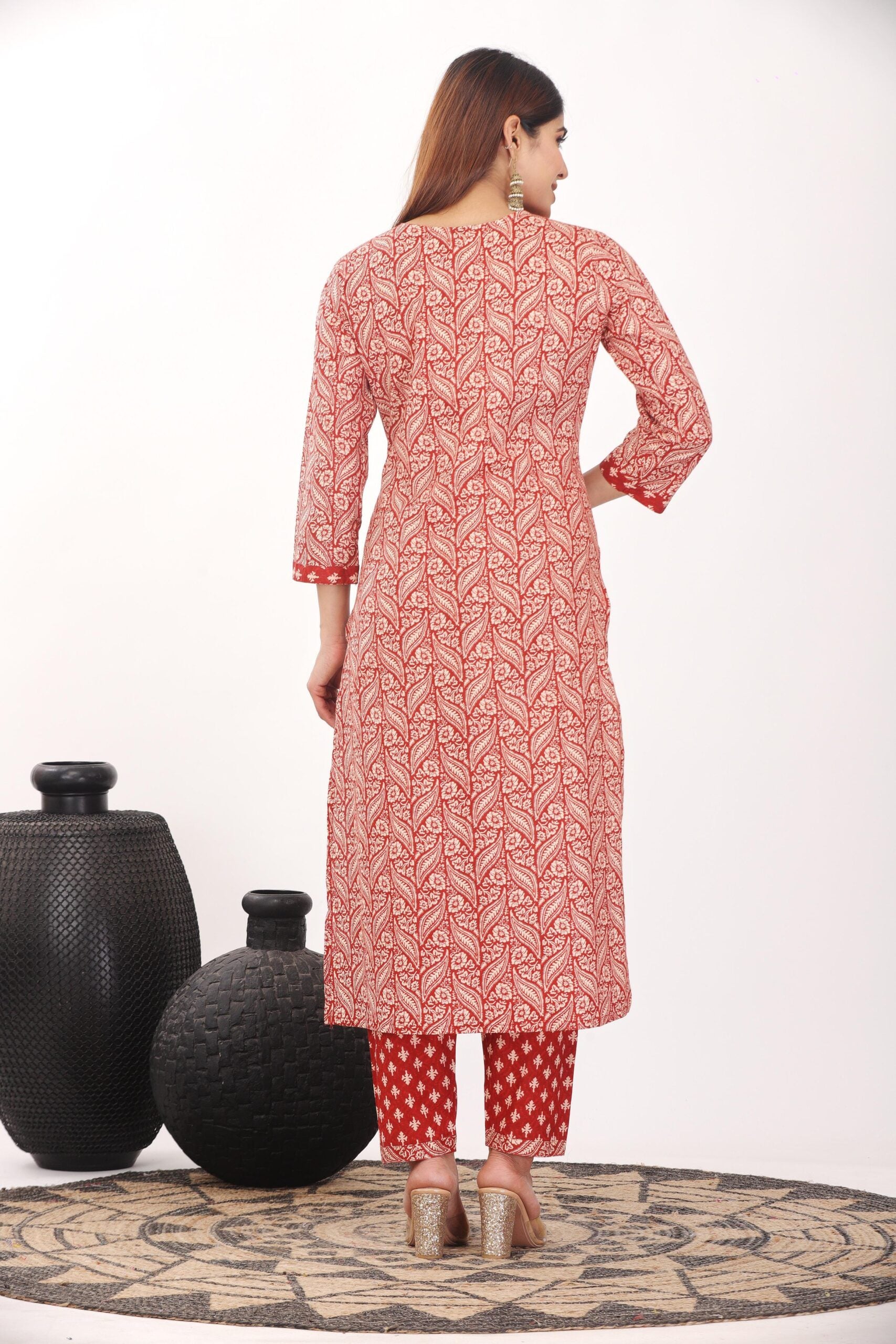 Floral Print 3/4 Sleeve Red Color Pure Cotton Kurti