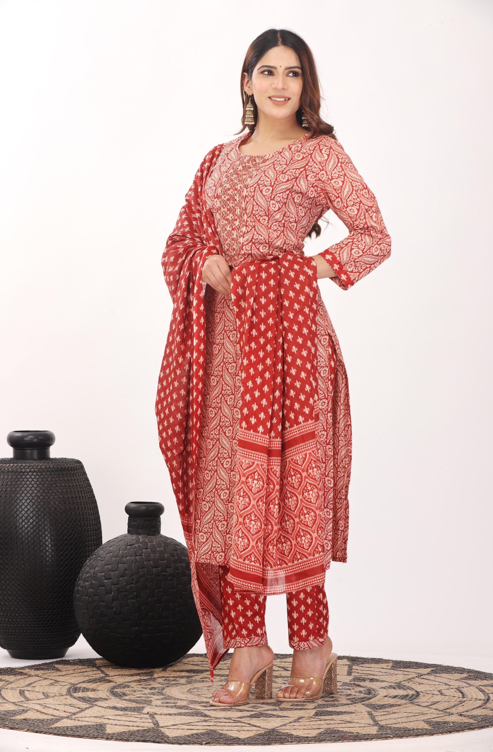 Floral Print 3/4 Sleeve Red Color Pure Cotton Kurti