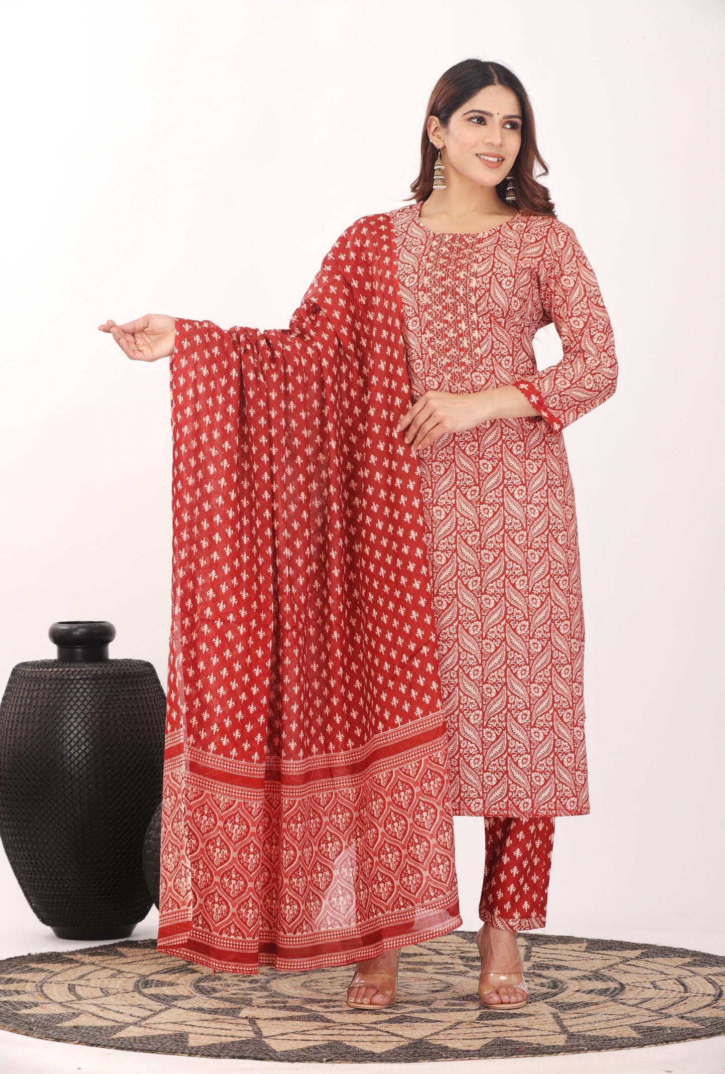 Floral Print 3/4 Sleeve Red Color Pure Cotton Kurti